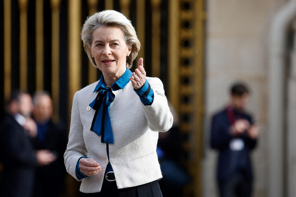 European Commission President Ursula von der Leyen gestures as she arrives at the Palace of Versailles, near Paris, on March 11 for the EU leaders summit to discuss the fallout of Russia's invasion in Ukraine.