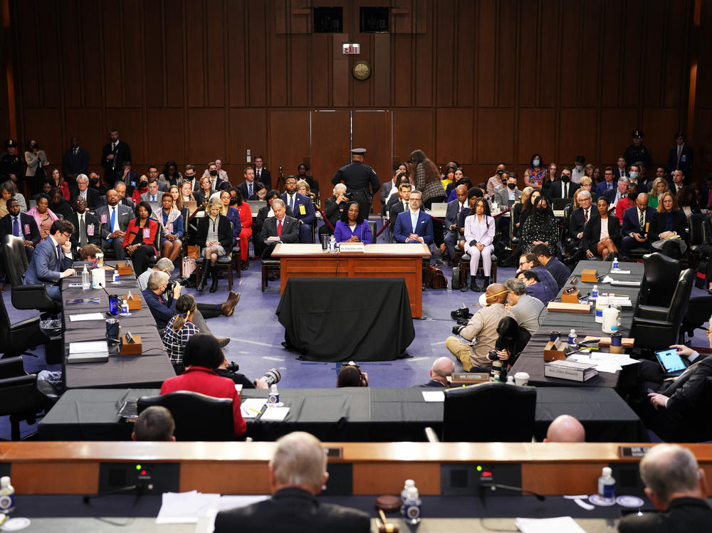 U.S. Supreme Court nominee Ketanji Brown Jackson arrives for her confirmation hearing before the Senate Judiciary Committee on Capitol Hill on Monday in Washington, D.C.
