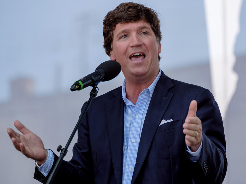 Tucker Carlson speaks during the Mathias Corvinus Collegium (MCC) Feszt last summer in Esztergom, Hungary.