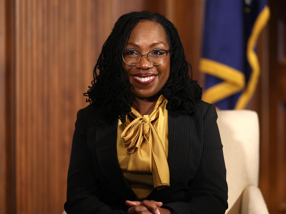 Supreme Court nominee Ketanji Brown Jackson looks on during a meeting with U.S. Senate Majority Leader Charles Schumer on March 2, 2022.
