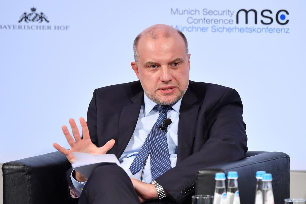 Estonia's then-Defense Minister Juri Luik participates in a panel talk at the 2018 Munich Security Conference on Feb. 16, 2018, in Munich, Germany. Luik is now the Estonian ambassador to NATO.