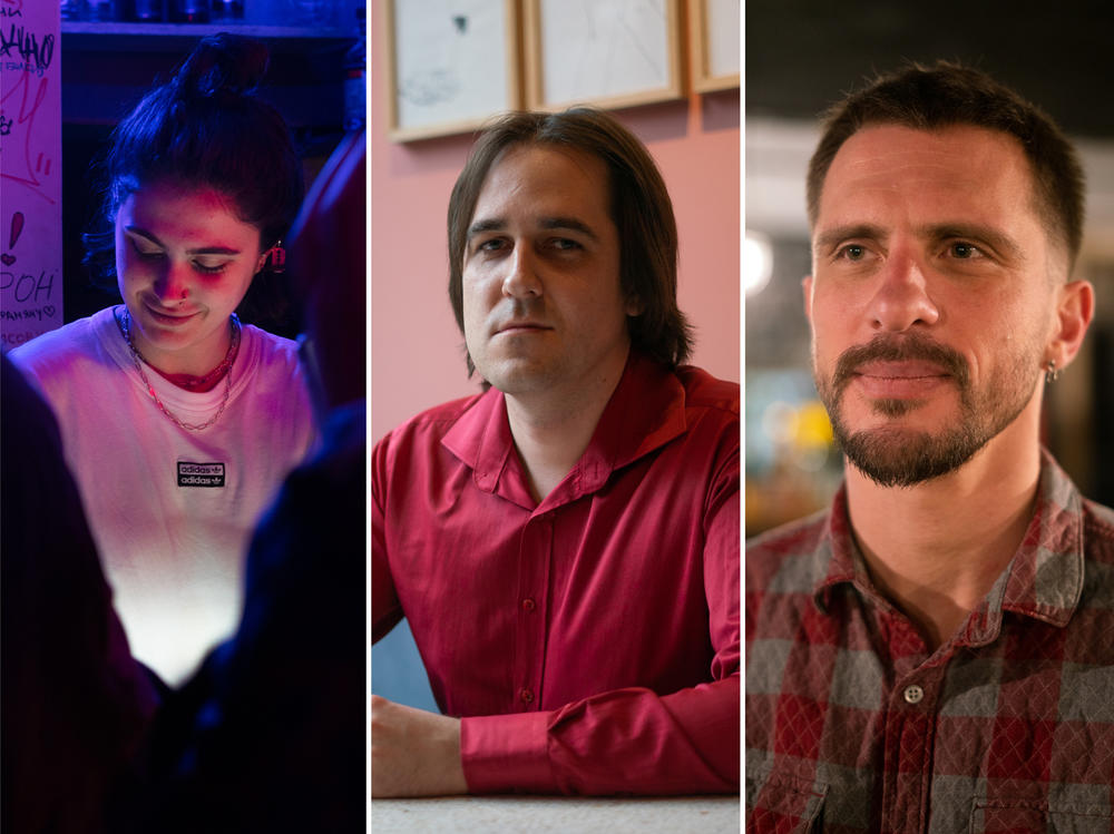 Left to right: Alexey Voloshinov, 20, Nastasya Dubovitskaya, 23, Leonid Kabanov, 30, and Lev Kalashnikov, 35, are all Russians who are living in Tbilisi, Georgia, after leaving their country in recent weeks.