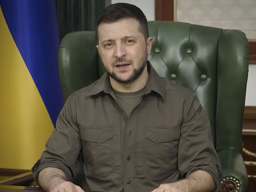 In this image from video provided by the Ukrainian Presidential Press Office, Ukrainian President Volodymyr Zelenskyy speaks from Kyiv, Ukraine, on Monday.