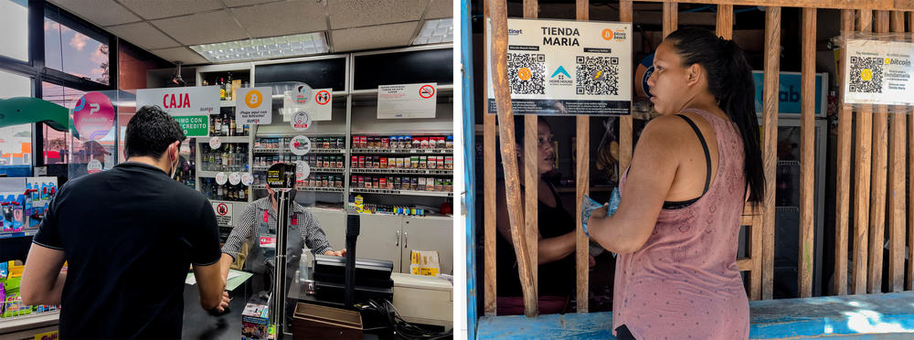Left: A sign informs costumers that bitcoin is accepted for payment in a major gas station chain. Other businesses including fast food chains also take the digital cryptocurrency. Right: The María convenience store accepts bitcoin and digital wallet payments in El Zonte beach town.