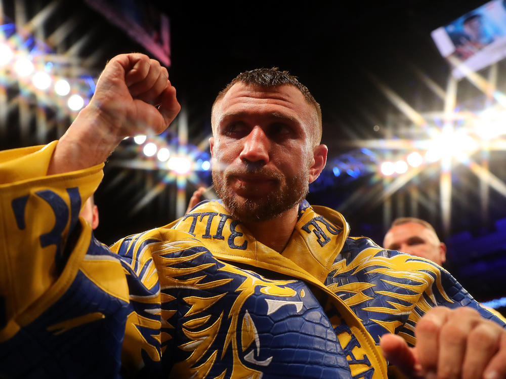 Vasiliy Lomachenko exits the arena after winning the WBA, WBO, WBC Lightweight World Title contest in 2019 in London.