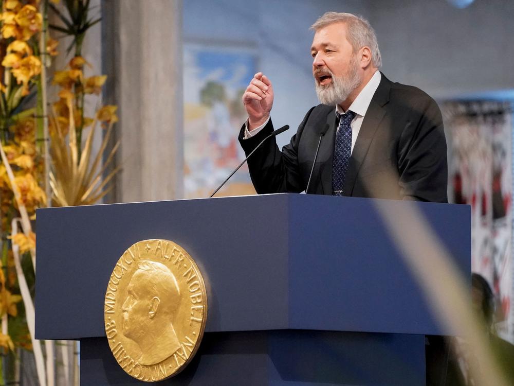Nobel Peace Prize laureate Dmitry Muratov of Russia speaks during the gala award ceremony for the Nobel Peace prize on Dec. 10, 2021, in Oslo.