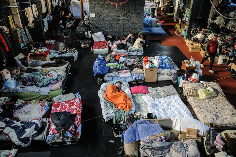 A gym is converted to accommodations for displaced people in Lviv, Ukraine.