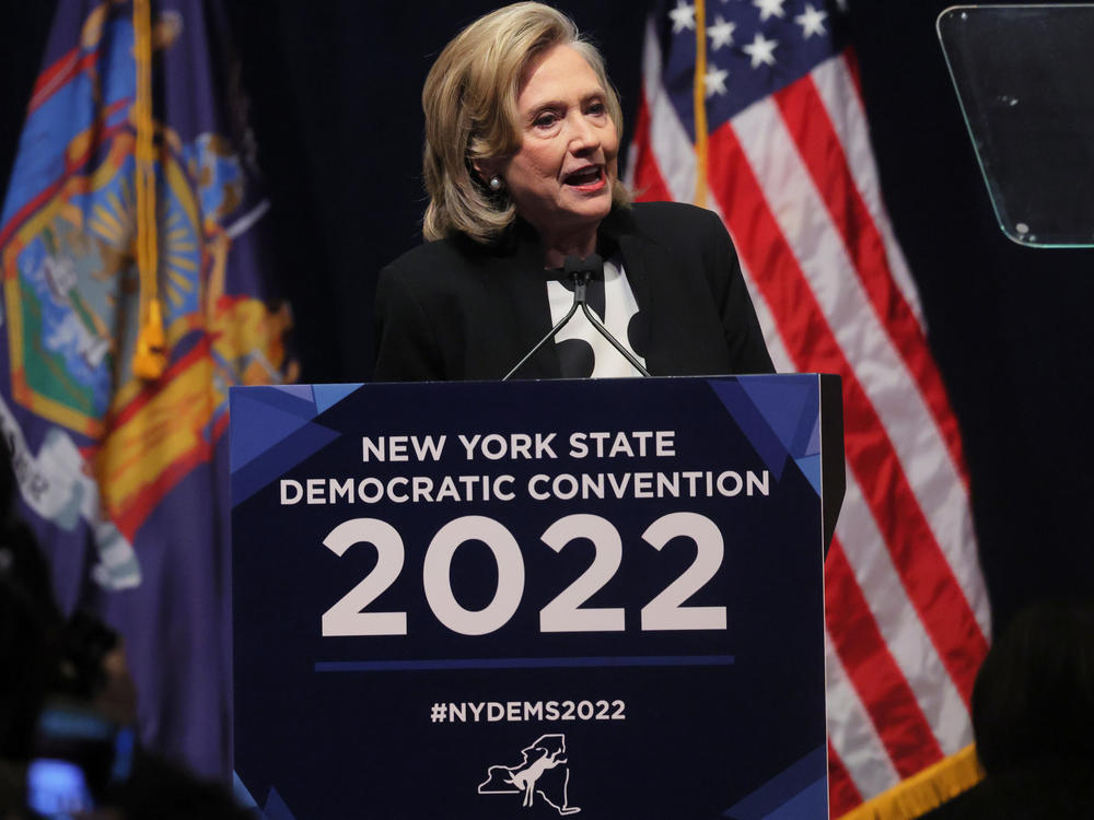 Former Secretary of State Hillary Clinton, shown here at the 2022 New York State Democratic Convention in February, says she has tested positive for COVID-19.