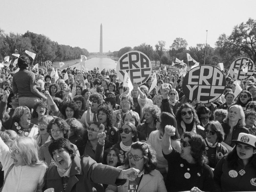 A large crowd of women cheers a speaker at the Lincoln Memorial, during a rally for passage of the Equal Rights Amendment.