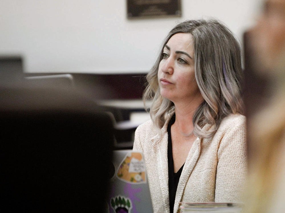 RaDonda Vaught, a former Vanderbilt University Medical Center nurse charged in the death of a patient, listens to opening statements during her trial in Nashville, Tenn., on Tuesday, March 22.