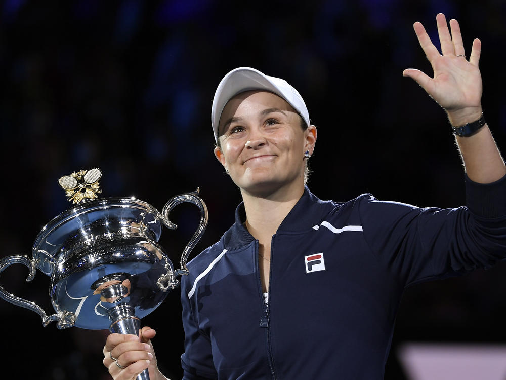 Ash Barty of Australia waves after defeating Danielle Collins of the U.S. in the women's singles final at the Australian Open tennis championships in Melbourne, Australia on Jan. 29, 2022.