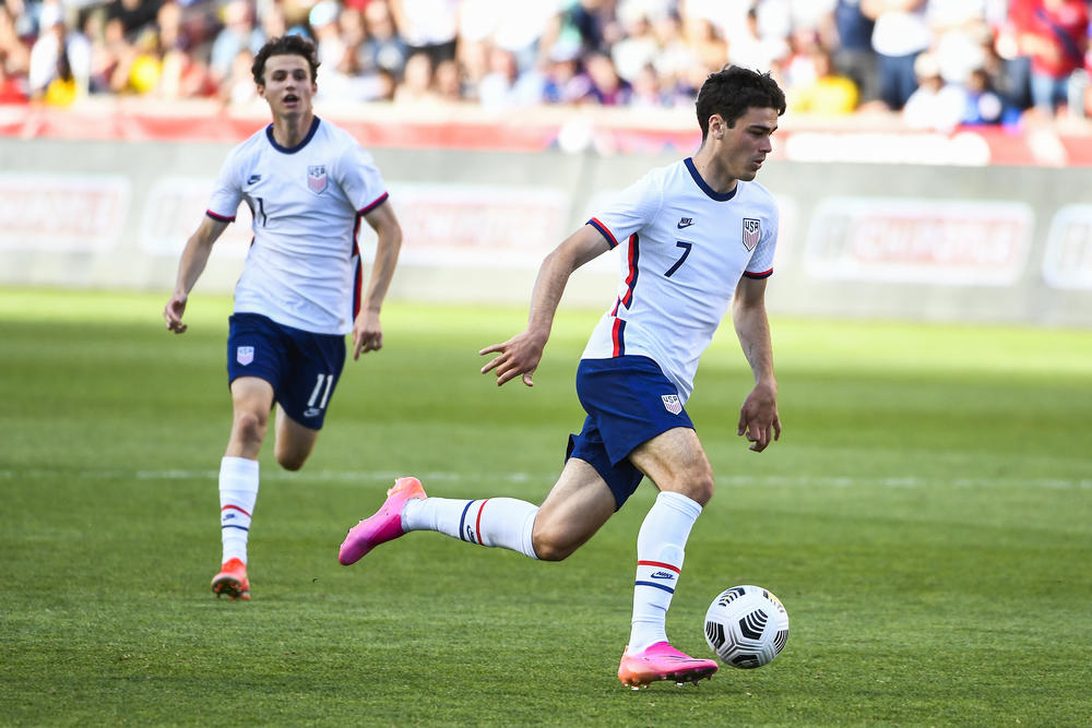 Gio Reyna (No. 7) of the United States controls the ball during a game against Costa Rica at Rio Tinto Stadium on June 9, 2021, in Sandy, Utah.