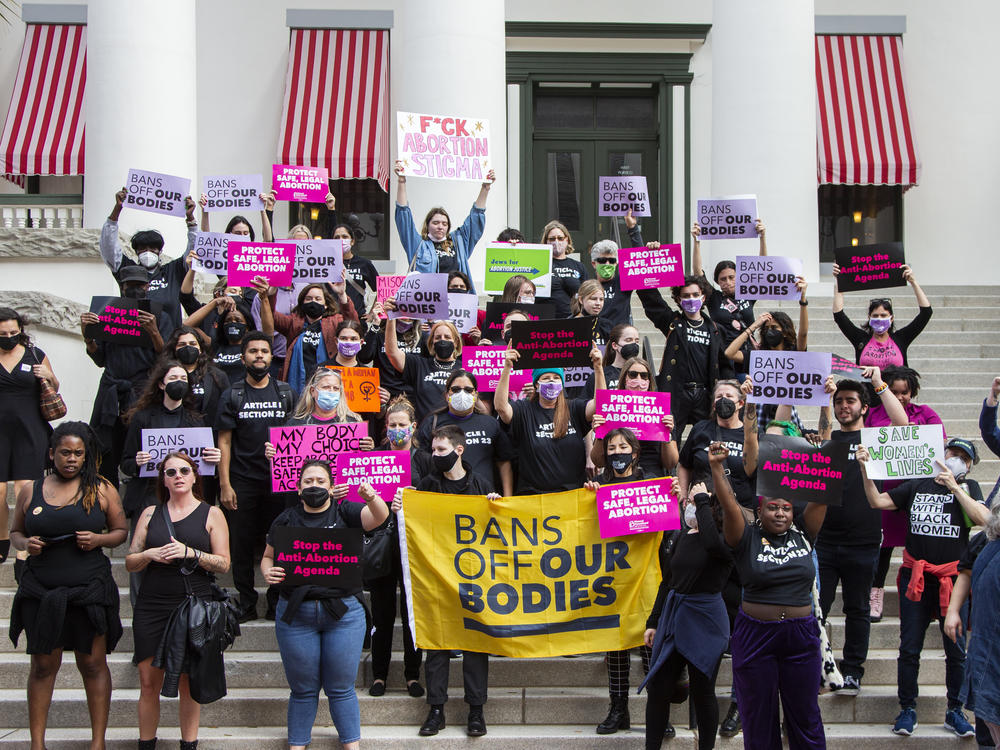 Advocates for bodily autonomy march to the Florida Capitol in February to protest a state bill to limit abortions.