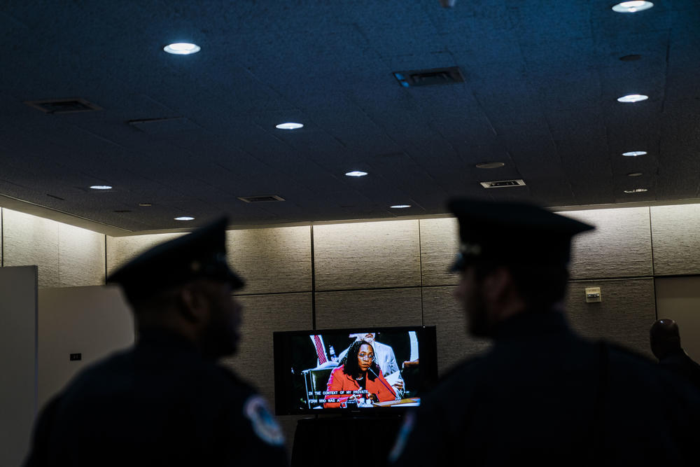 <strong>March 22:</strong> A monitor displaying Supreme Court nominee Judge Ketanji Brown Jackson during the second day of her Senate Judiciary Committee confirmation hearing.