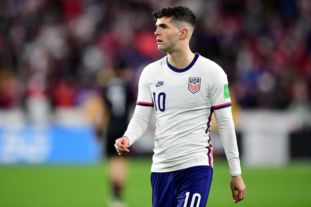 Christian Pulisic (No. 10) of the United States looks on during a FIFA World Cup 2022 qualifying match between the United States and Mexico at TQL Stadium on Nov. 12, 2021, in Cincinnati.