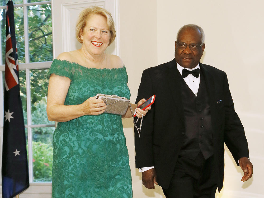 Ginni Thomas and Supreme Court Justice Clarence Thomas arrive for the state dinner hosted by President Trump at the White House honoring Australian Prime Minister Scott Morrison on September 20, 2019.