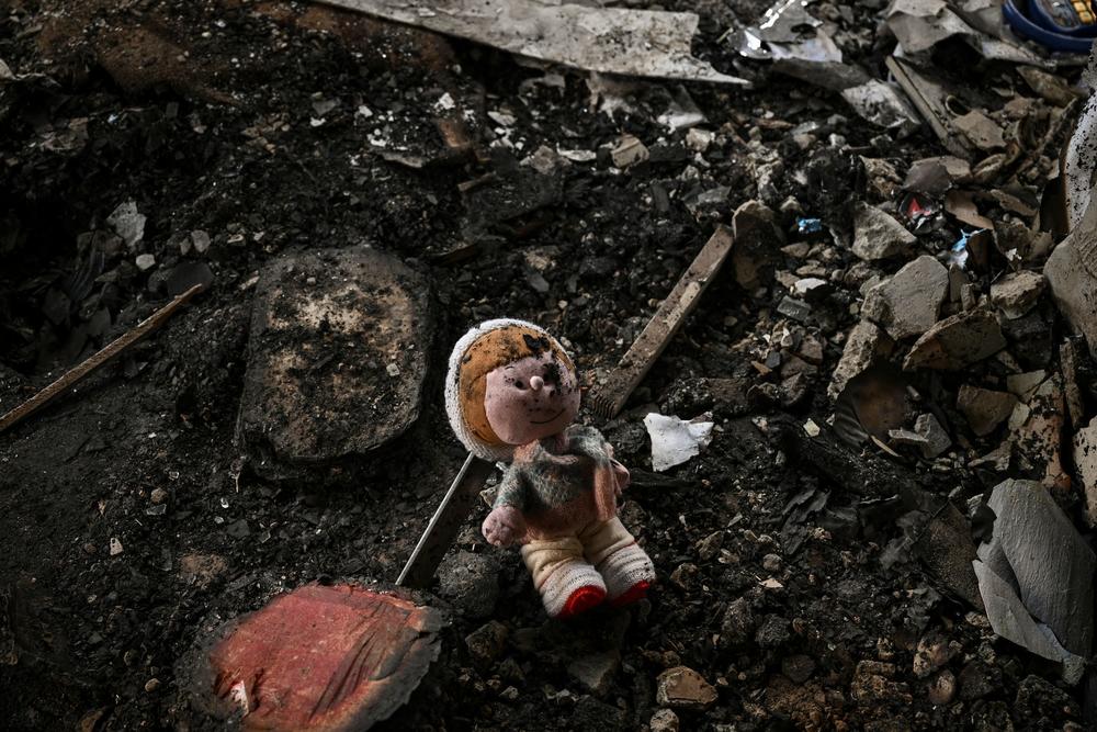 <strong>March 25:</strong> A doll lies among the rubble of a destroyed kindergarten in Kharkiv during Russia's military invasion launched on Ukraine.