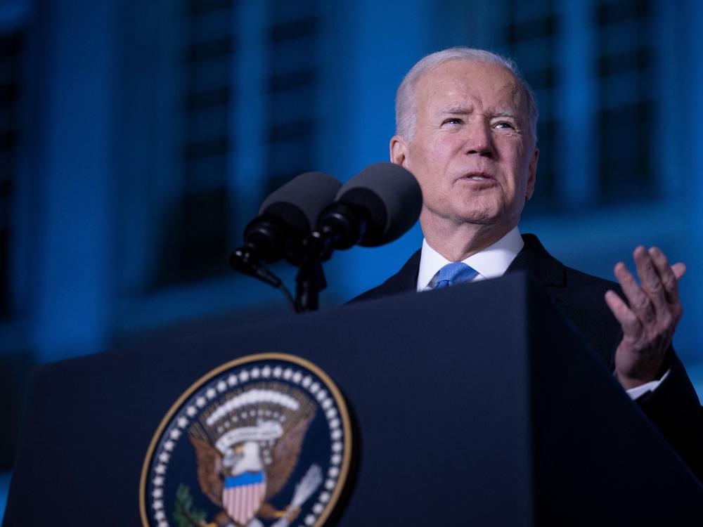 President Biden delivers a speech on Saturday in Warsaw, Poland, about the Russian war in Ukraine.