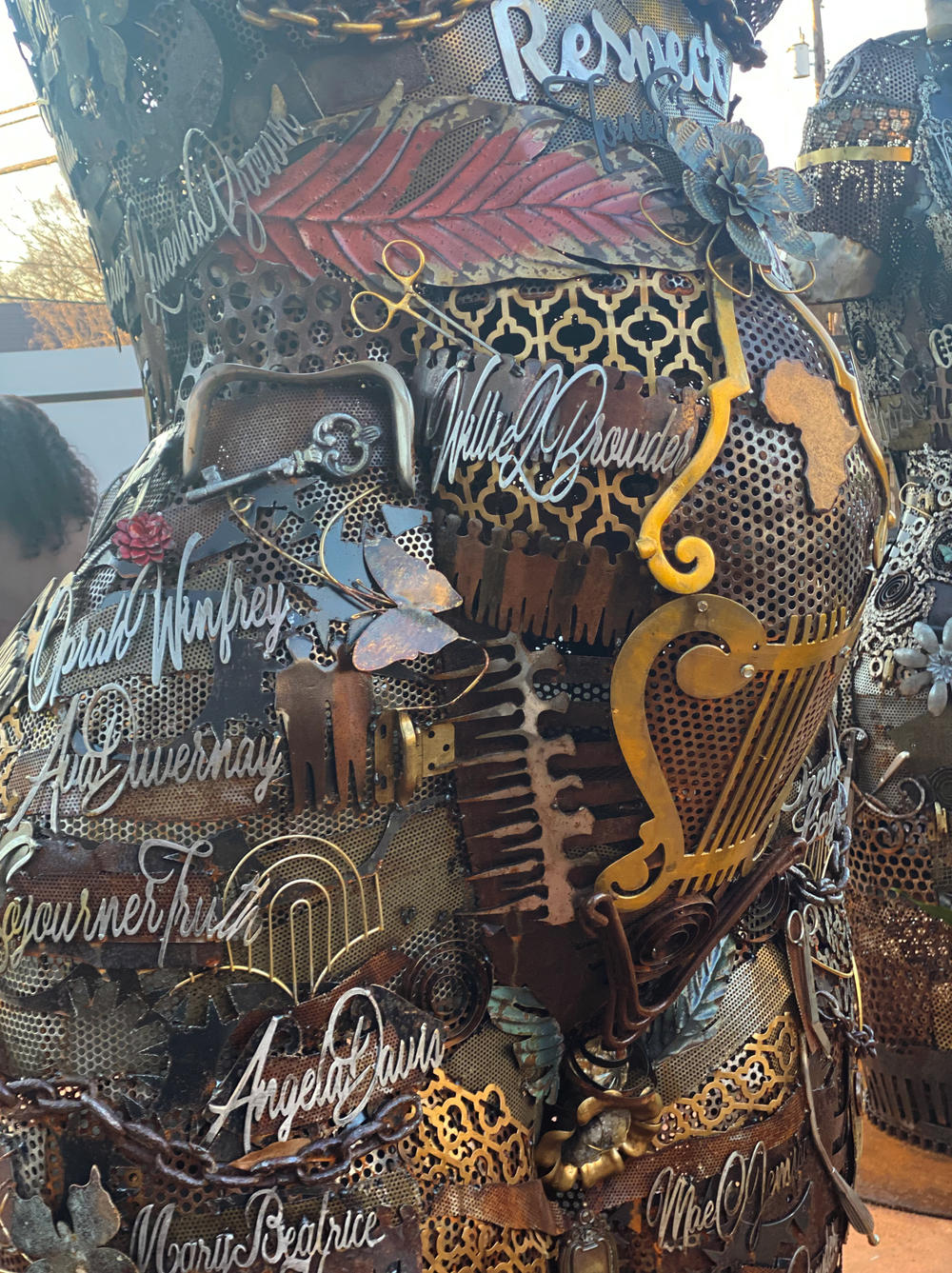 Welded to the metal bodies are names like Oprah Winfrey and words like respect.