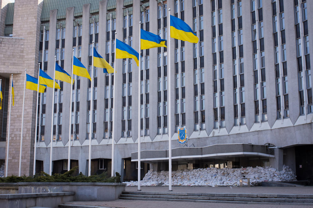 Dnipro's City Hall is open for business but protected with sandbags.