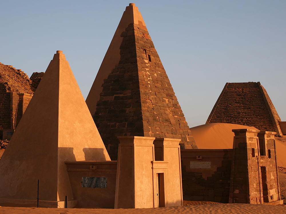 Several pyramids in the morning light in the royal burial grounds in Meroe, Sudan.