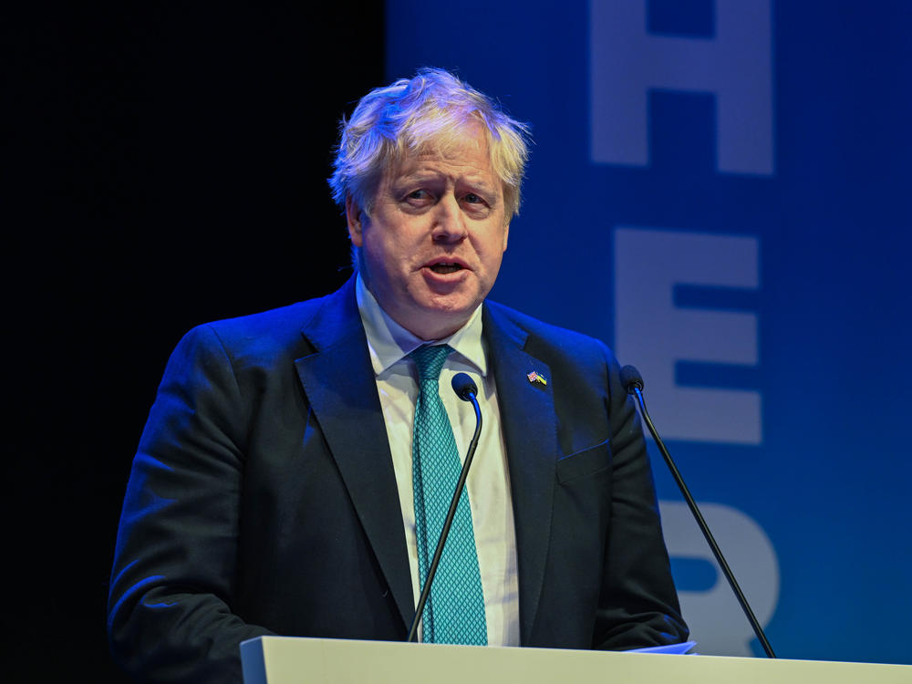 British Prime Minister Boris Johnson speaks at the Scottish Conservative Party conference on March 18 in Aberdeen, Scotland.