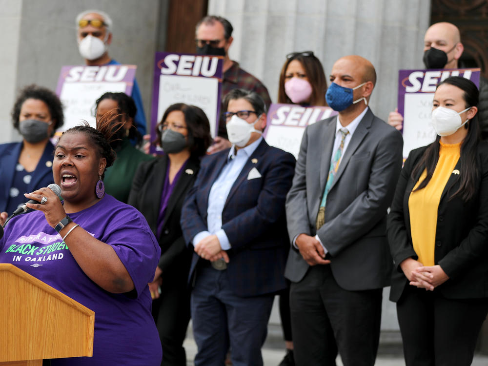 Pecolia Manigo of Reparations for Black Students speaks in a press conference at Oakland City Hall in Oakland, Calif., on Feb. 9, 2022.