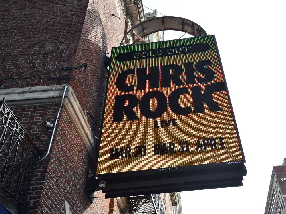 The marquee at the Wilbur Theatre advertises a sold out performance by US comedian Chris Rock in Boston, Massachusetts on March 30.