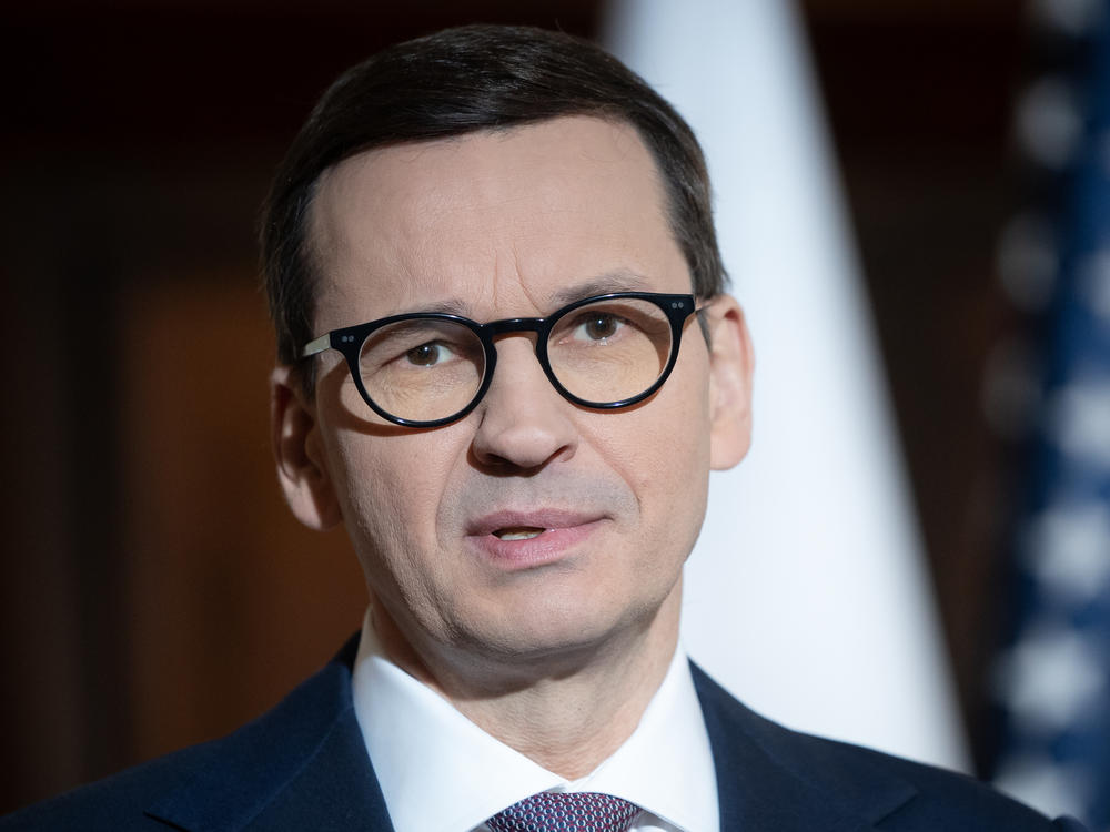 Polish Prime Minister Mateusz Morawiecki is seen at the Chancellery in Warsaw, Poland, on Tuesday.