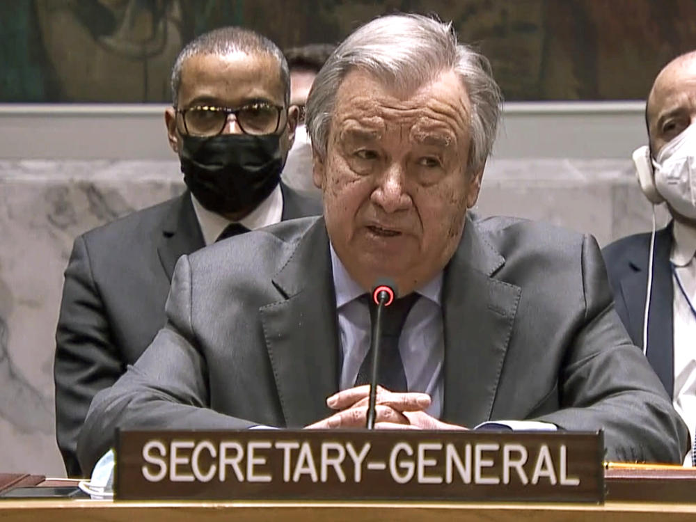 In this image taken from UNTV video, United Nation Secretary-General Antonio Guterres addresses an emergency meeting of the U.N. Security Council on Ukraine to deplore Russia's actions toward the country and plead for diplomacy, Wednesday, Feb. 23, 2022, at U.N. headquarters.