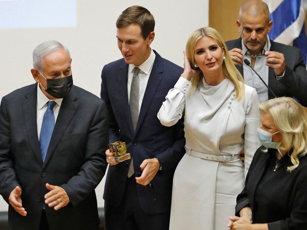 Jared Kushner is seen here talking with Israel's opposition leader and ex-premier Benjamin Netanyahu, left, with his wife Ivanka Trump at the Knesset in Jerusalem on Oct. 11, 2021. Kushner, a senior adviser to former President Trump, appeared before the House Jan. 6 select committee on March 31, 2022.