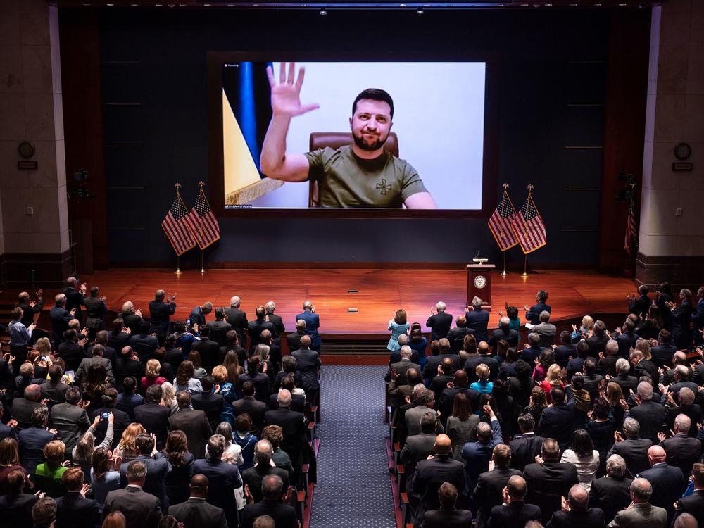 Ukrainian President Volodymyr Zelenskyy addresses the U.S. Congress on March 16, 2022, at the U.S. Capitol in Washington, DC. Since the war began, he has been appealing to world leaders for more support for Ukraine and sanctions on Russia.