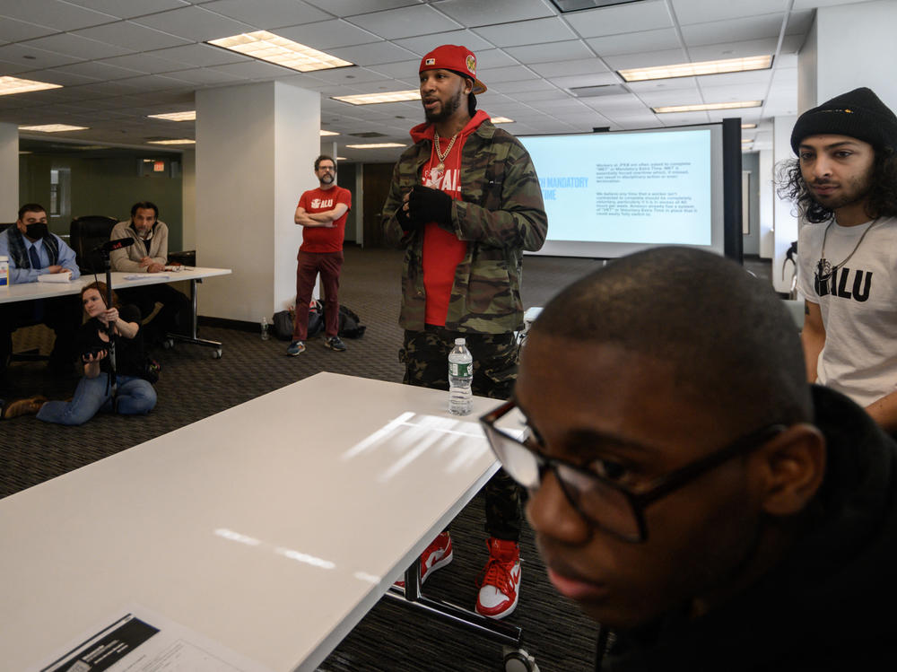 Former Amazon supervisor Christian Smalls speaks before attendees at an Amazon Labor Union event in New York city on March 11, 2022. Smalls formed the ALU after being fired in March 2020.