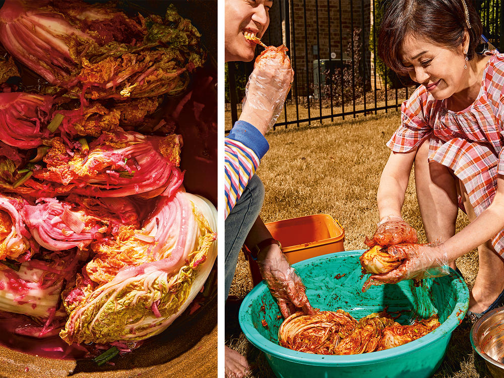 Left: Jean's perfect kimchi. Right: Eric Kim and his mom, Jean, making and tasting kimchi.