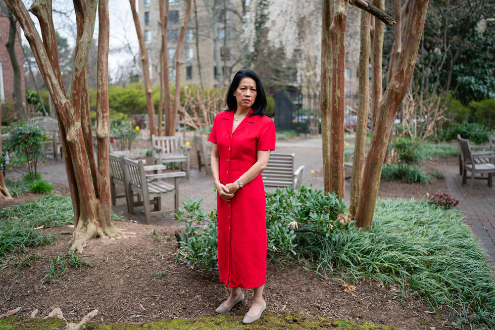 Tina Sandri, CEO of Forest Hills of DC, poses for a portrait in the courtyard of the nursing home in Washington, D.C., last week.