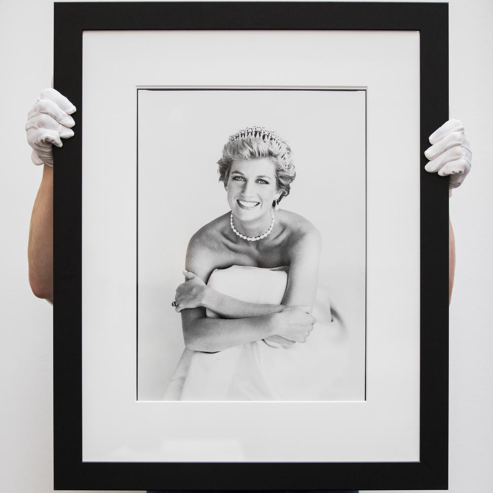Patrick Demarchelier's image of Princess Diana is seen at a Sotheby's auction in 2019.