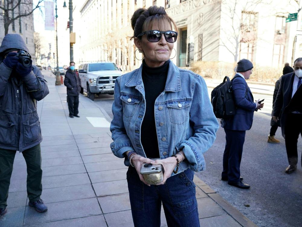 Former Alaska Gov. Sarah Palin answers questions from the media as she arrives at a federal court in Manhattan on February 15, 2022. The 2008 Republican vice presidential candidate filed on April 1, 2022, to run for the open House seat in Alaska.