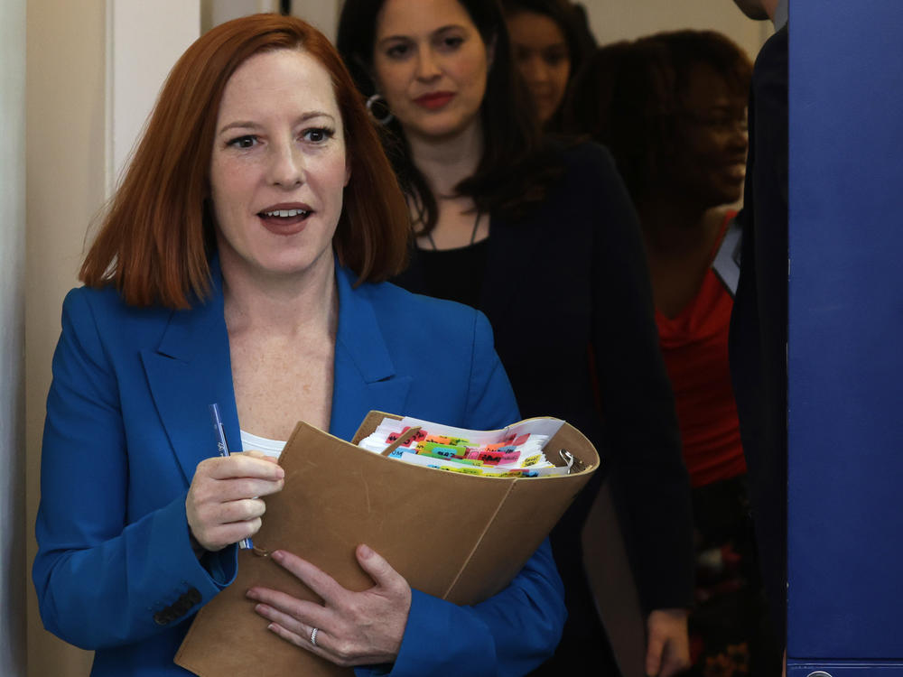 White House Press Secretary Jen Psaki arrives at a White House daily press briefing at the James S. Brady Press Briefing Room of the White House on March 21.