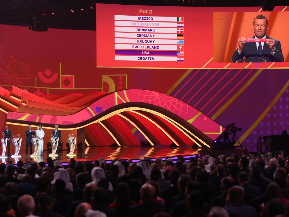 Lothar Matthaus draws the card of USA in Group B during the FIFA World Cup Qatar 2022 Final Draw on Friday in Doha, Qatar.