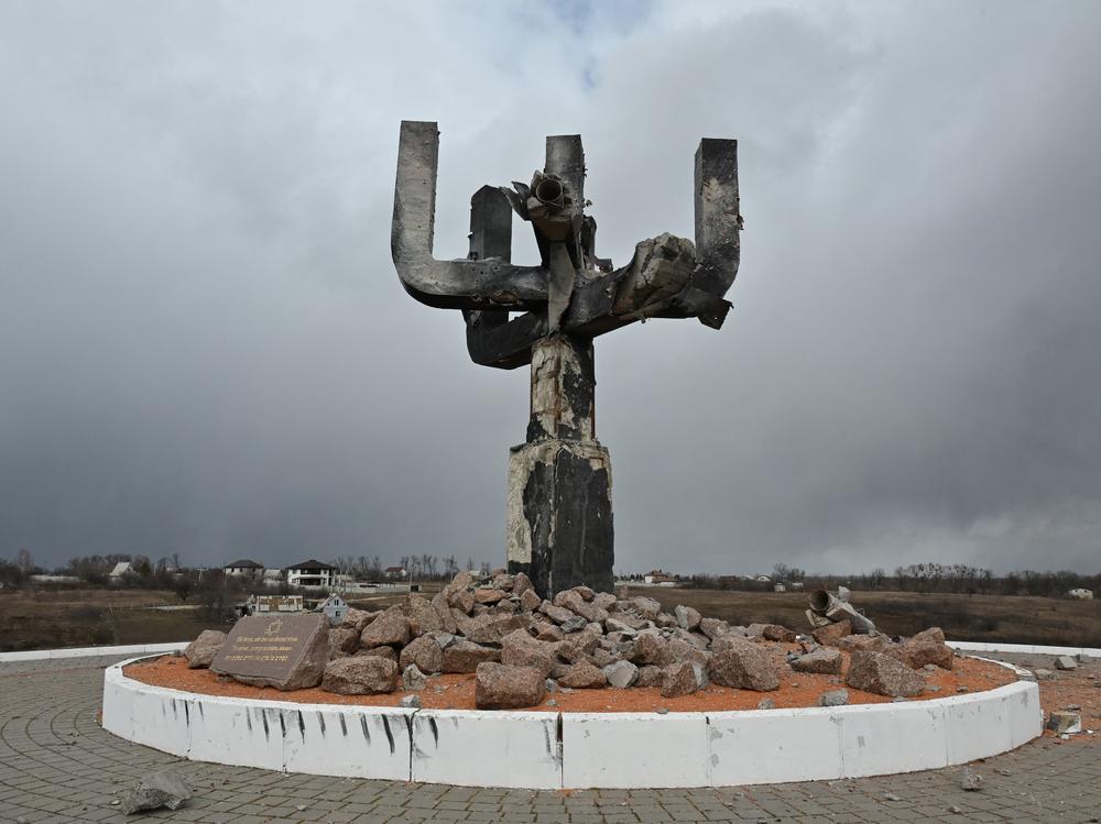 The Menorah memorial is seen outside of Kharkiv at the Drobitsky Yar Holocaust memorial, a location that saw a mass killing of Jewish people by Nazis during WWII. UNESCO included the memorial in its list of sites that have sustained damaged since Russia invaded Ukraine.