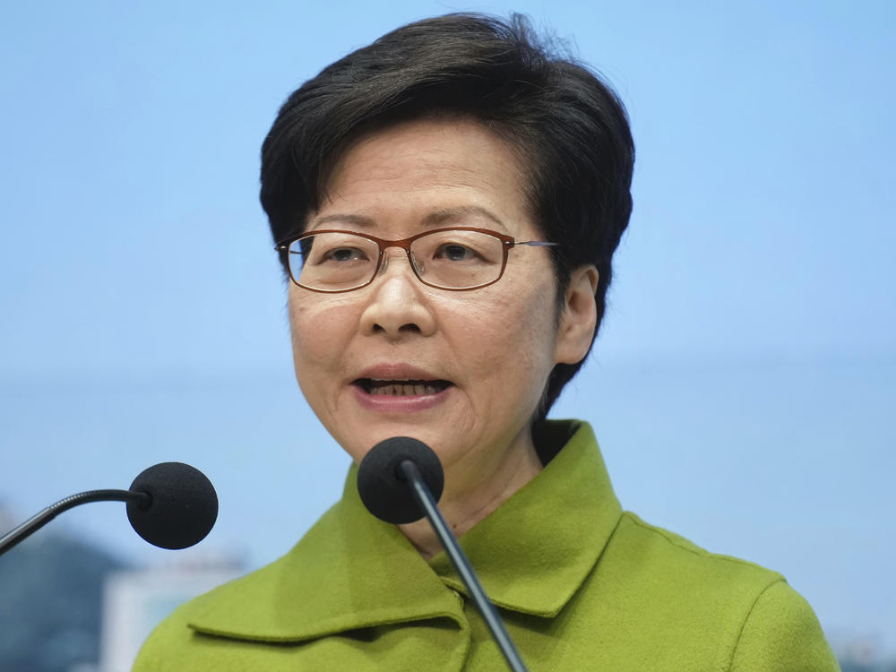 Hong Kong Chief Executive Carrie Lam speaks during a news conference in Hong Kong on Nov. 23, 2021.