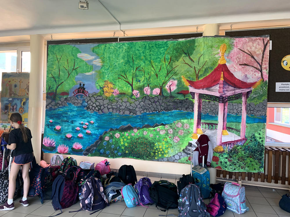 Backpacks at a Krakow elementary school that is hosting Ukrainian students.