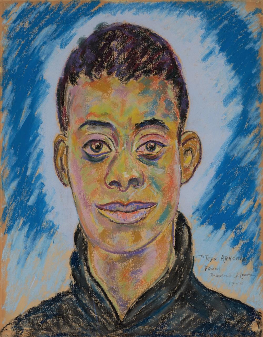 Portrait of James Baldwin, 1944. This pastel represents the distinctive contours of Baldwin's features in what is perhaps Delaney's first true portrait likeness of his protégé.