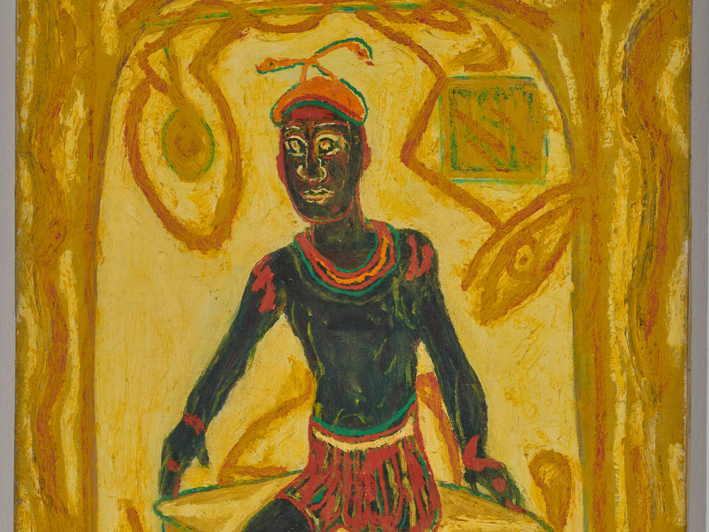 Beauford Delaney's last known self-portrait. The then-70-year-old Delaney portrays himself as wide-eyed, lithe and youthful, and clad in African attire not unlike that of a Maasai warrior. It is the only known self-portrait canvas in which Delaney presents himself full-figure.
