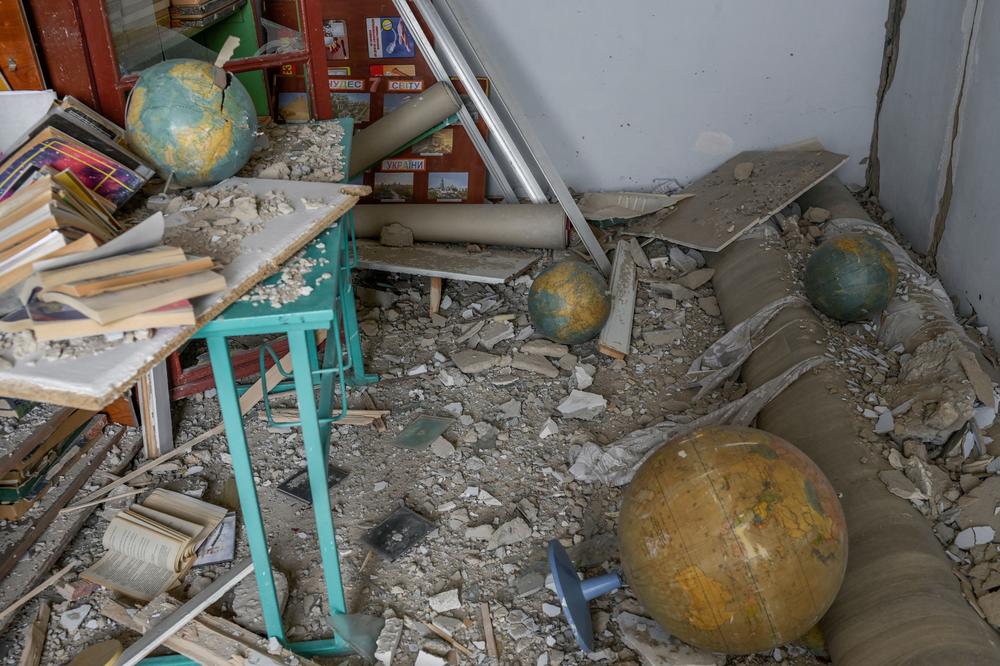 A destroyed classroom in a school hit by Russian rockets in the southern Ukraine village of Zelenyi Hai between Kherson and Mykolaiv, less than 5km from the front line.