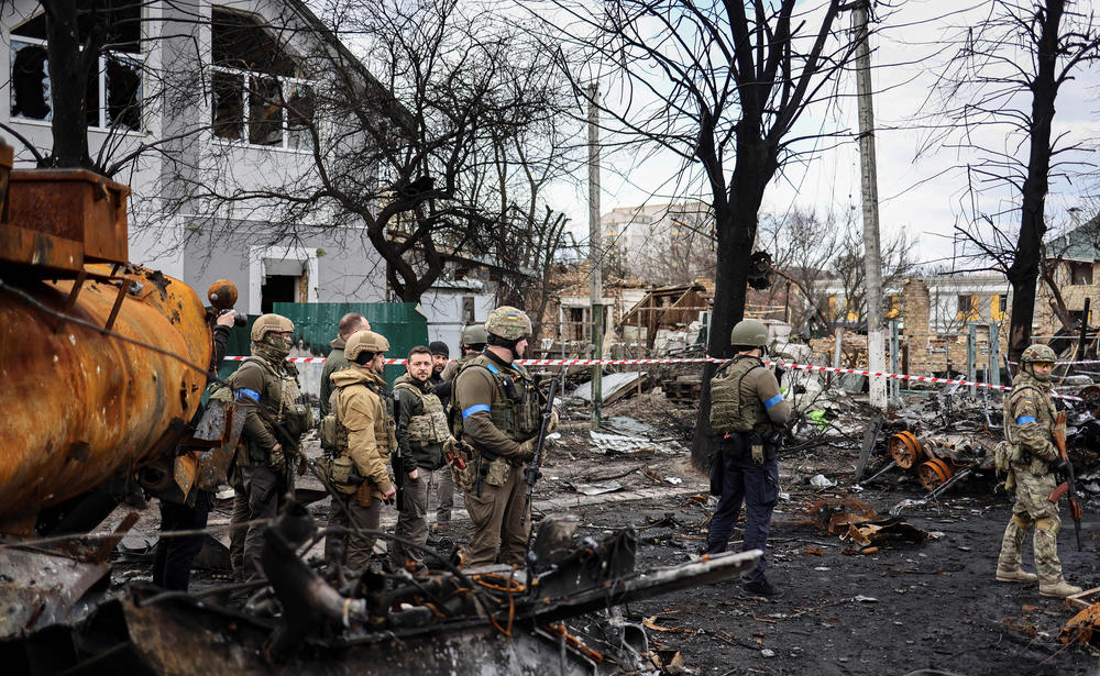<strong>April 4:</strong> Ukainian President Volodymyr Zelenskyy stands in the town of Bucha, northwest of Kyiv. Zelenskyy said Sunday that Russian leadership was responsible for civilian killings in Bucha, where bodies were found lying in the street after the town was retaken by the Ukrainian army.