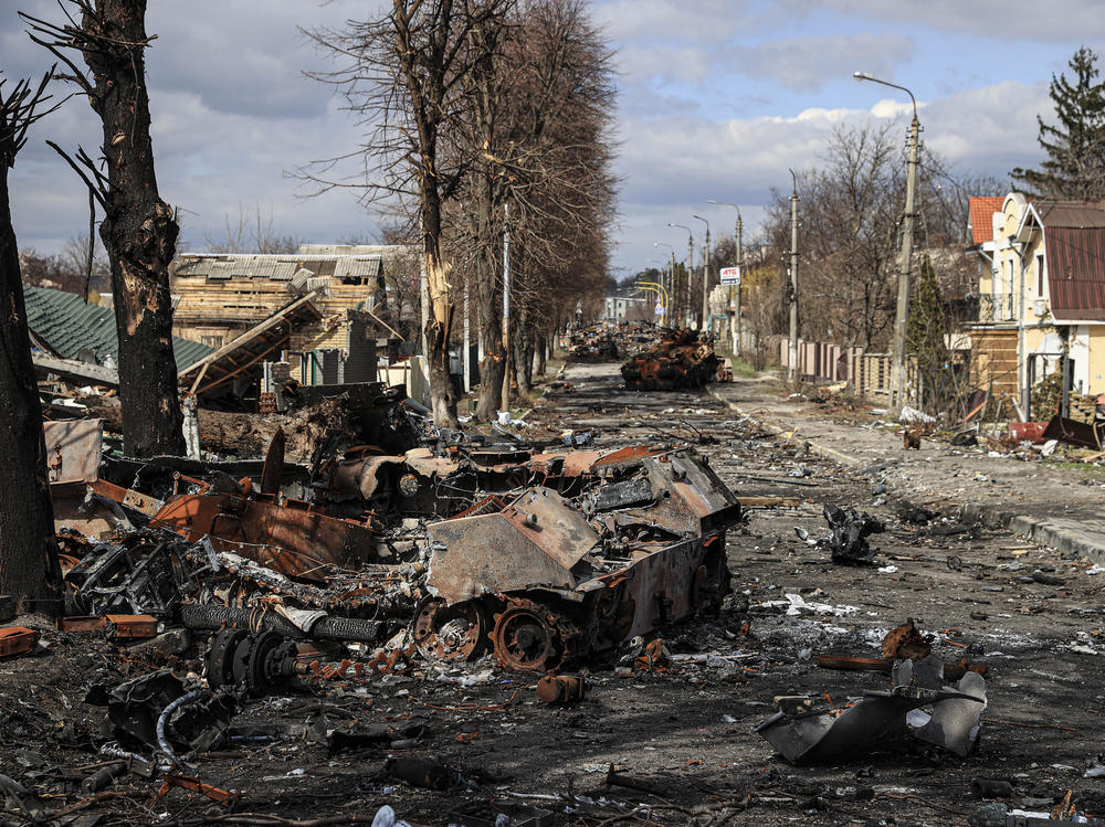 Destruction in Bucha, Ukraine, on Monday.