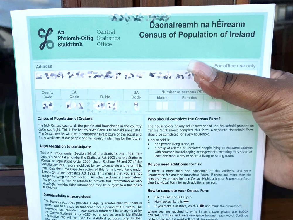A person fills out an Irish census form on Sunday. A new time capsule feature allows people to add personal messages that stay under wraps for 100 years.