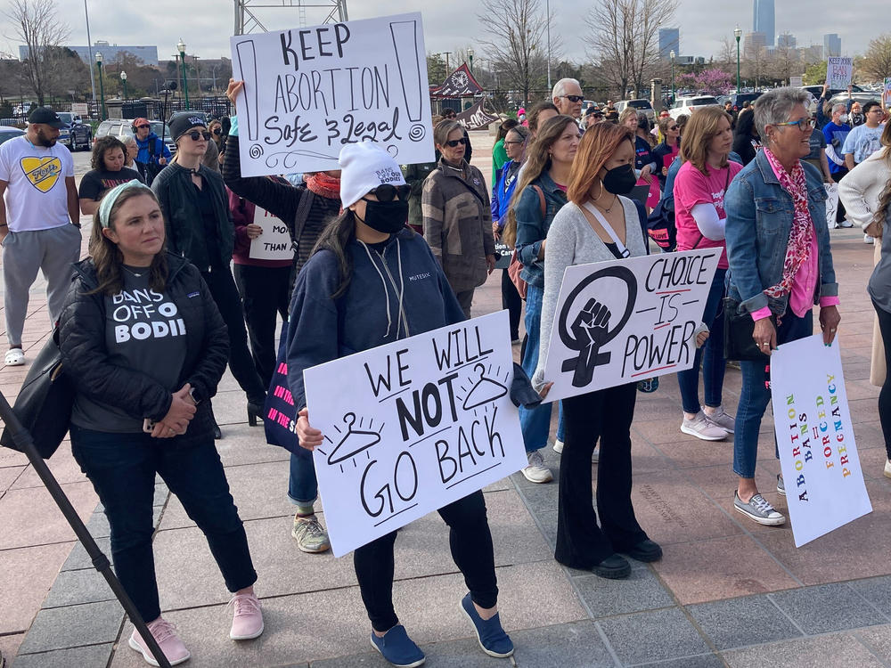 Abortion rights advocates gather outside the Oklahoma Capitol on Tuesday in Oklahoma City to protest several anti-abortion bills being considered by the GOP-led Legislature.