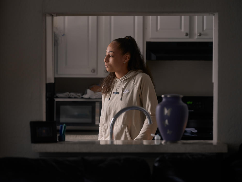 Portrait of Allyssa Lewis in her kitchen in Richardson, Texas, on April 4, 2022.